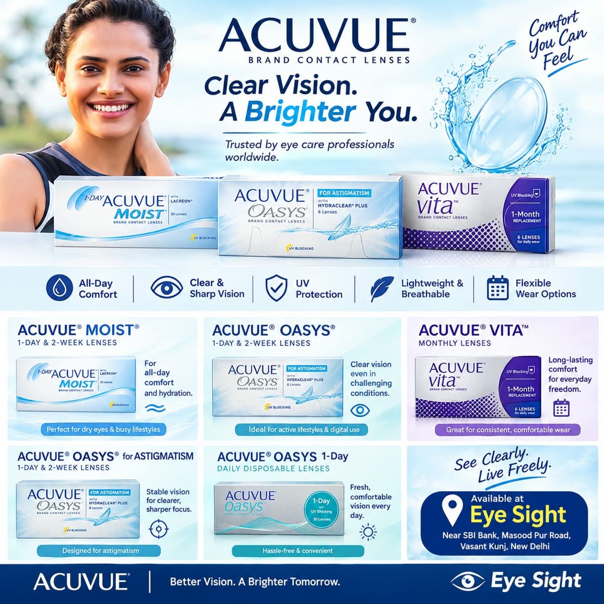 Acuvue Moist, Oasys and Vita contact lenses available at Eye Sight Vasant Kunj